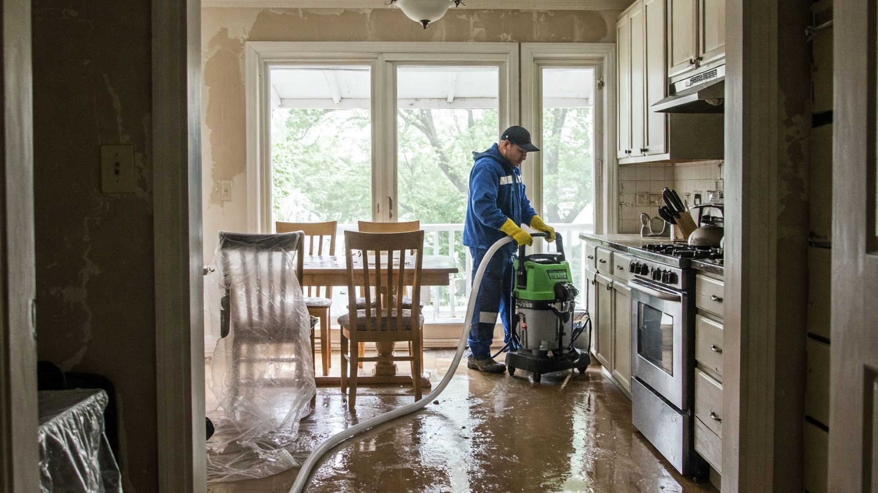 Flood restoration in progress, RightAway Restoration employee using shop-vac to remove water.
