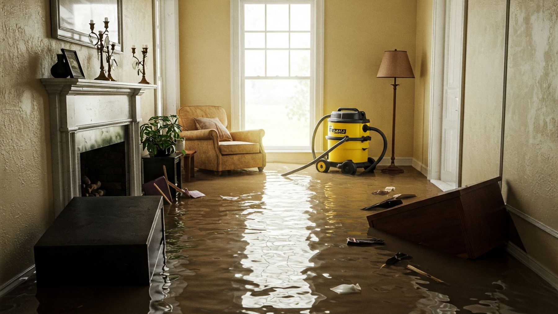 Flooded home interior in need of water damage restoration company.